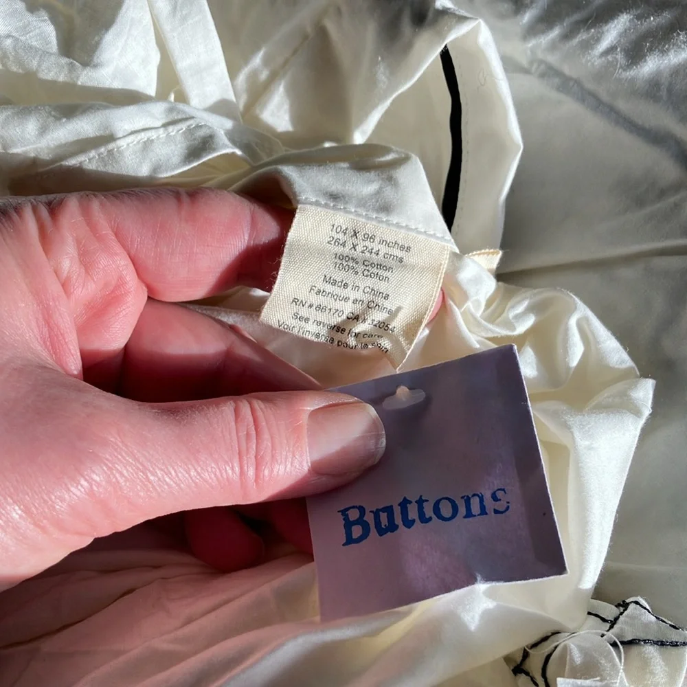 Anthro Puffed Cream w. Black Embroidery Cotton King Size Duvet w. 2 Euro Shams
